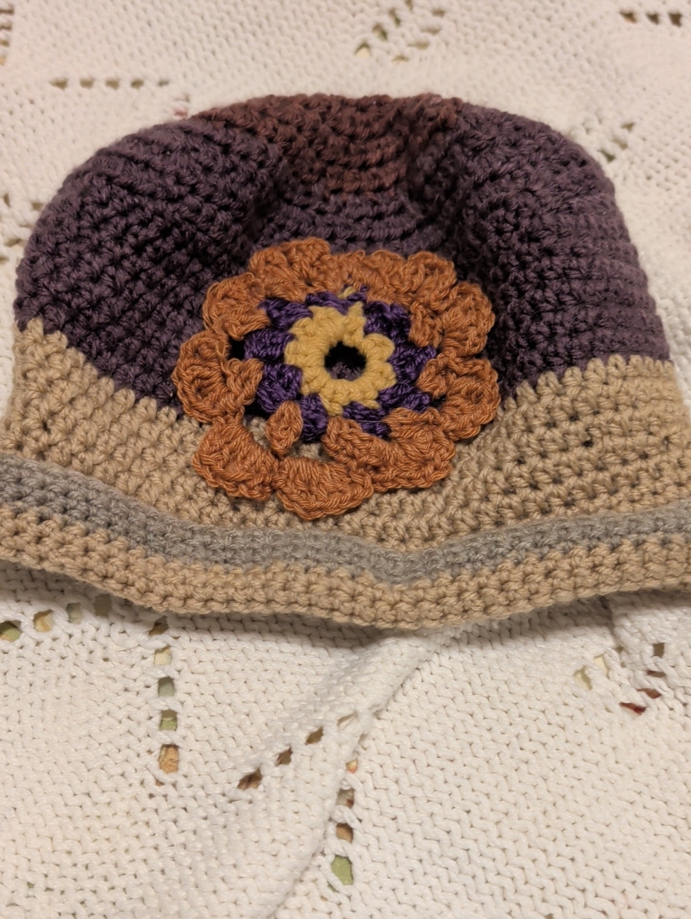 Size M- Handmade By ROSI- Crochet Beanie with Flower Accent - Beige & Purple